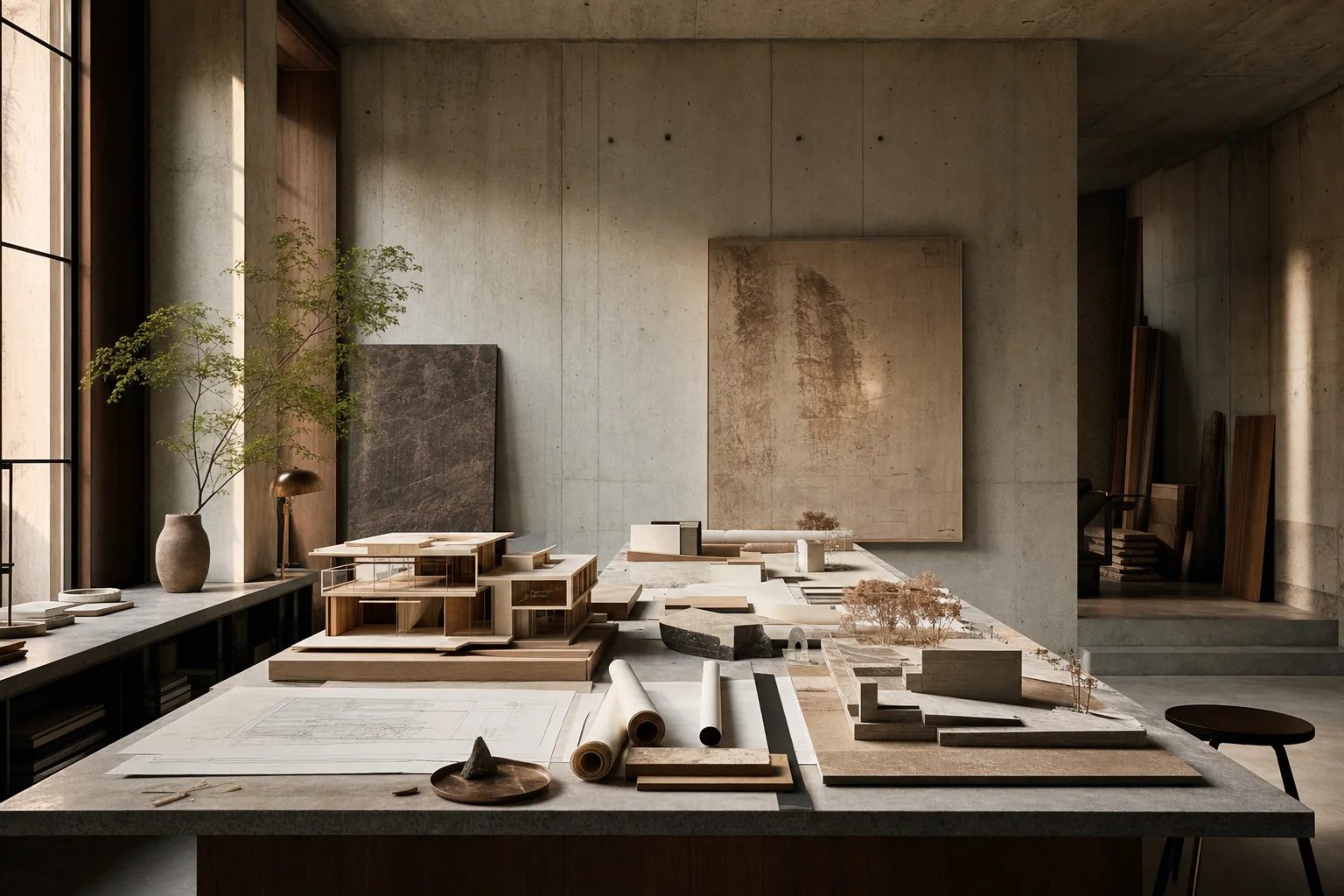 Przestrzeń studia z modelem architektonicznym i planami na betonowym stole